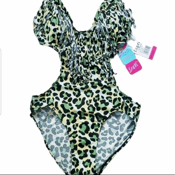 NWT Capri Swimwear Animal Print Fringe Cut Out Open Back One Piece Swims… - Picture 4 of 12